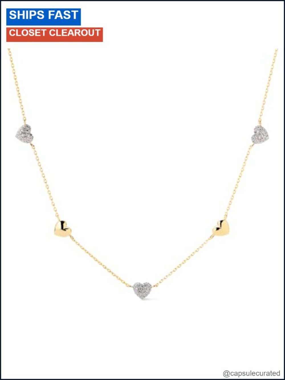 14k Gold Plated Heart Chain Necklace Cubic Zirconia Pave